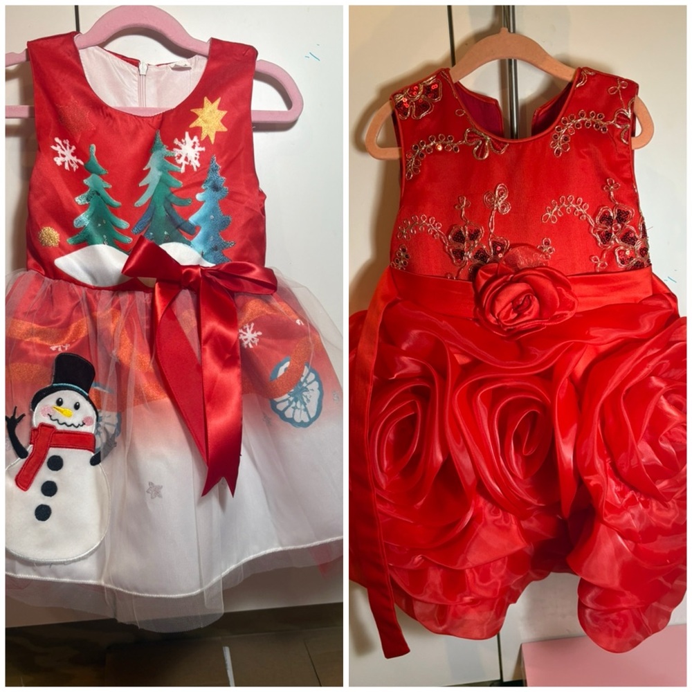 2 dresses! Festive Red Snowman Dress and Red Rose Dress Christmas dress for Kids
